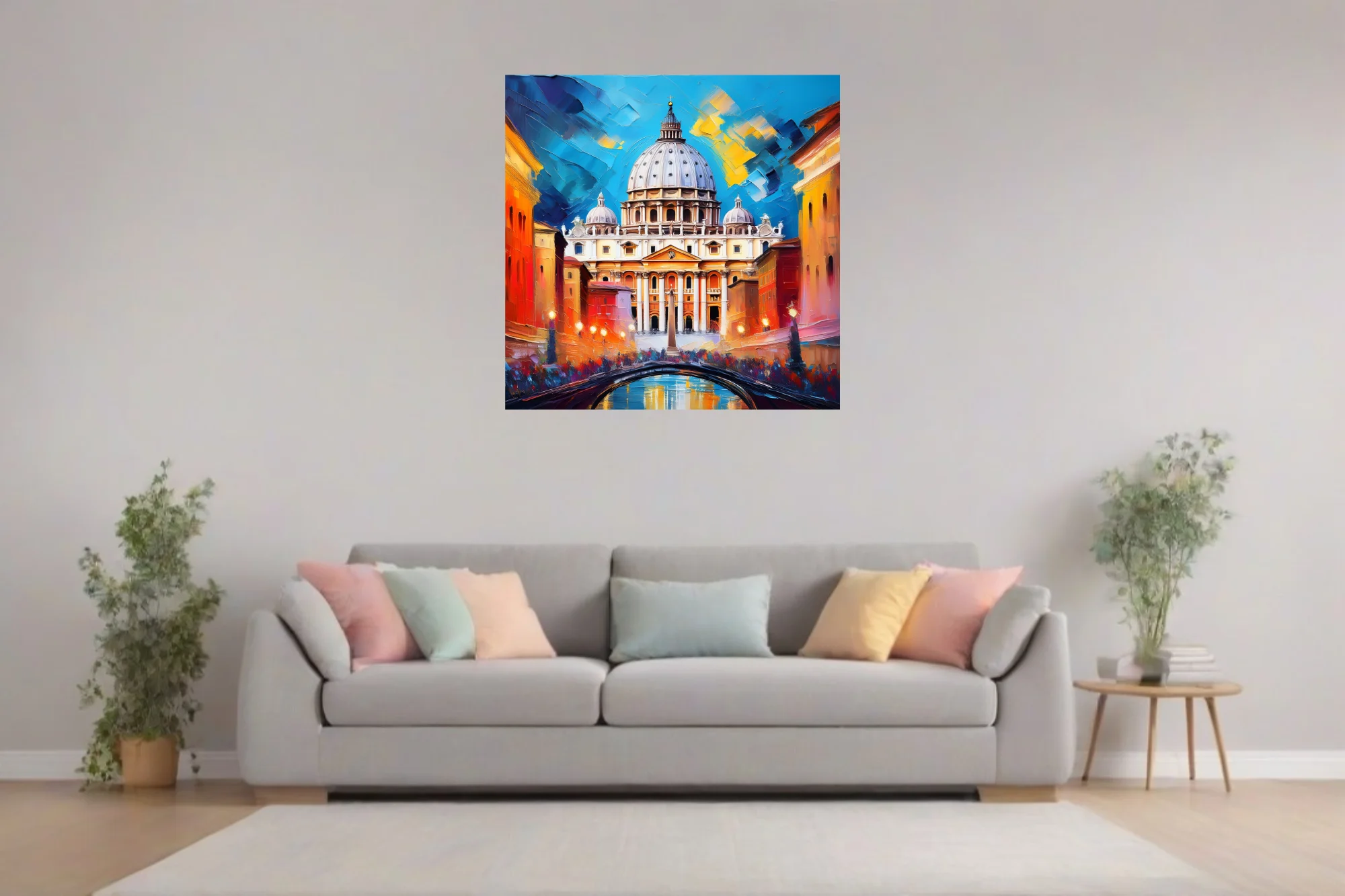 Bold cityscape of Roman basilica dome with cobalt and amber