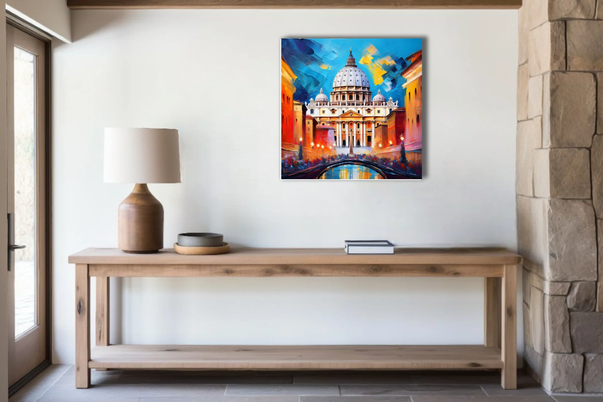 Bold cityscape of Roman basilica dome with cobalt and amber