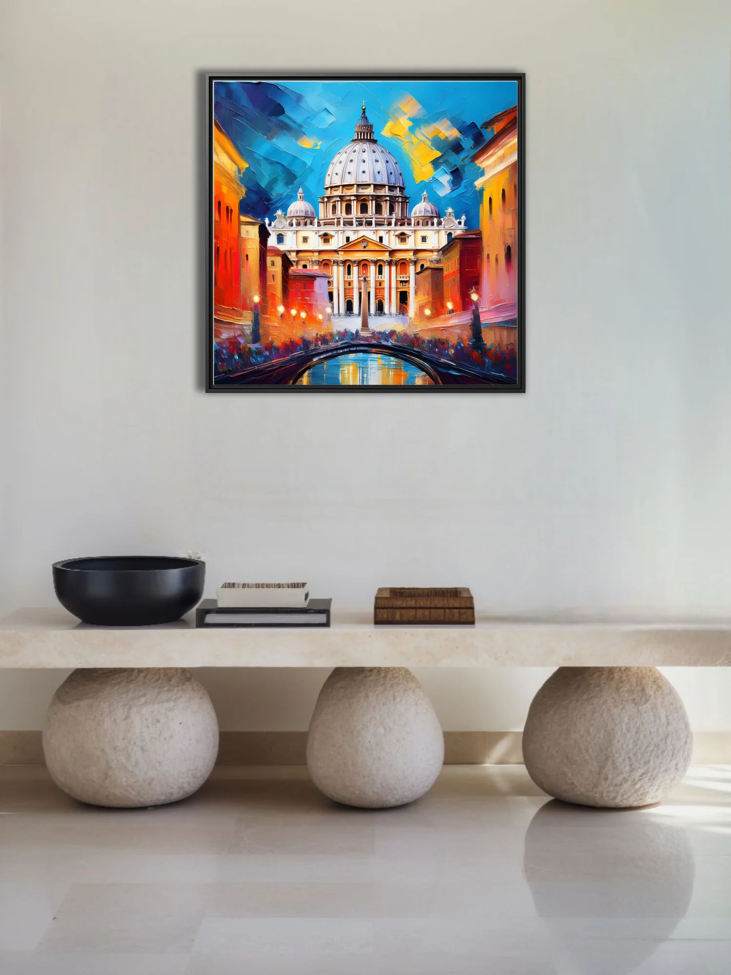 Bold cityscape of Roman basilica dome with cobalt and amber