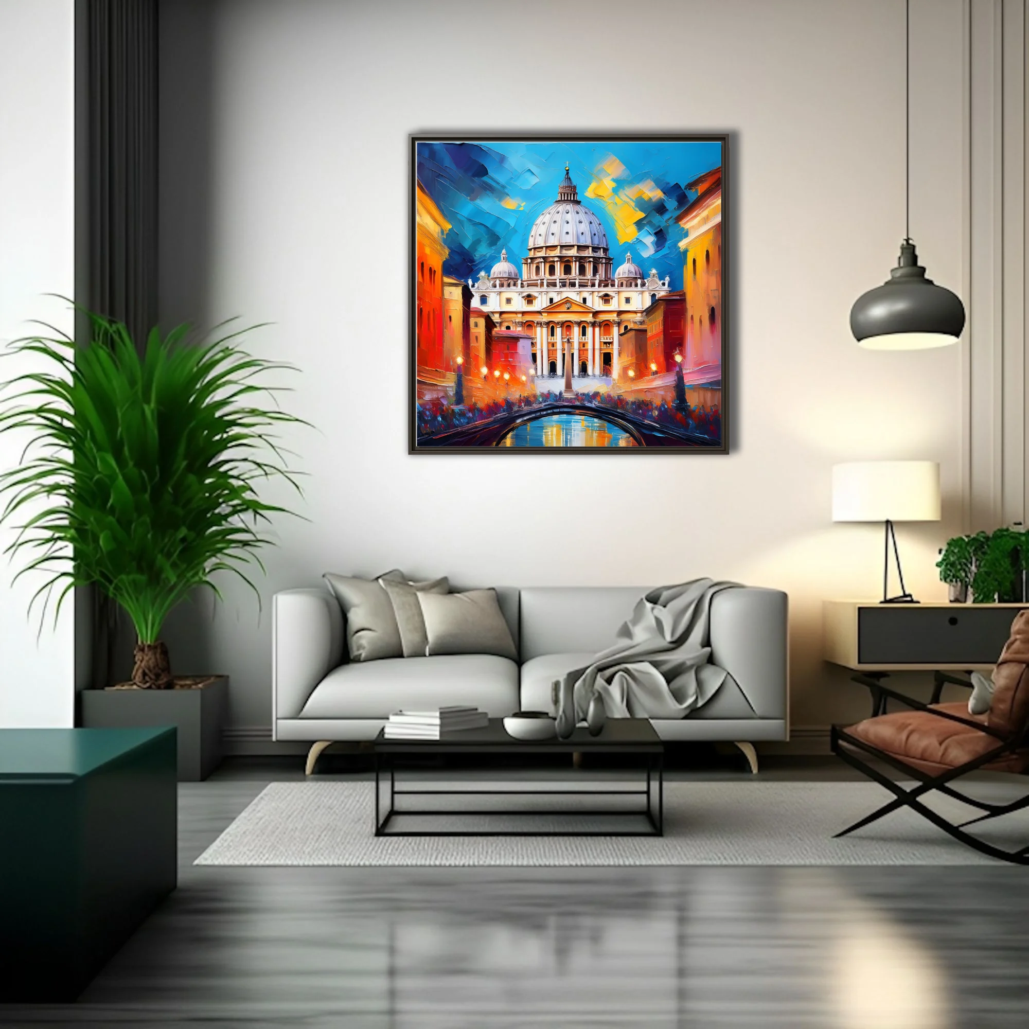 Bold cityscape of Roman basilica dome with cobalt and amber