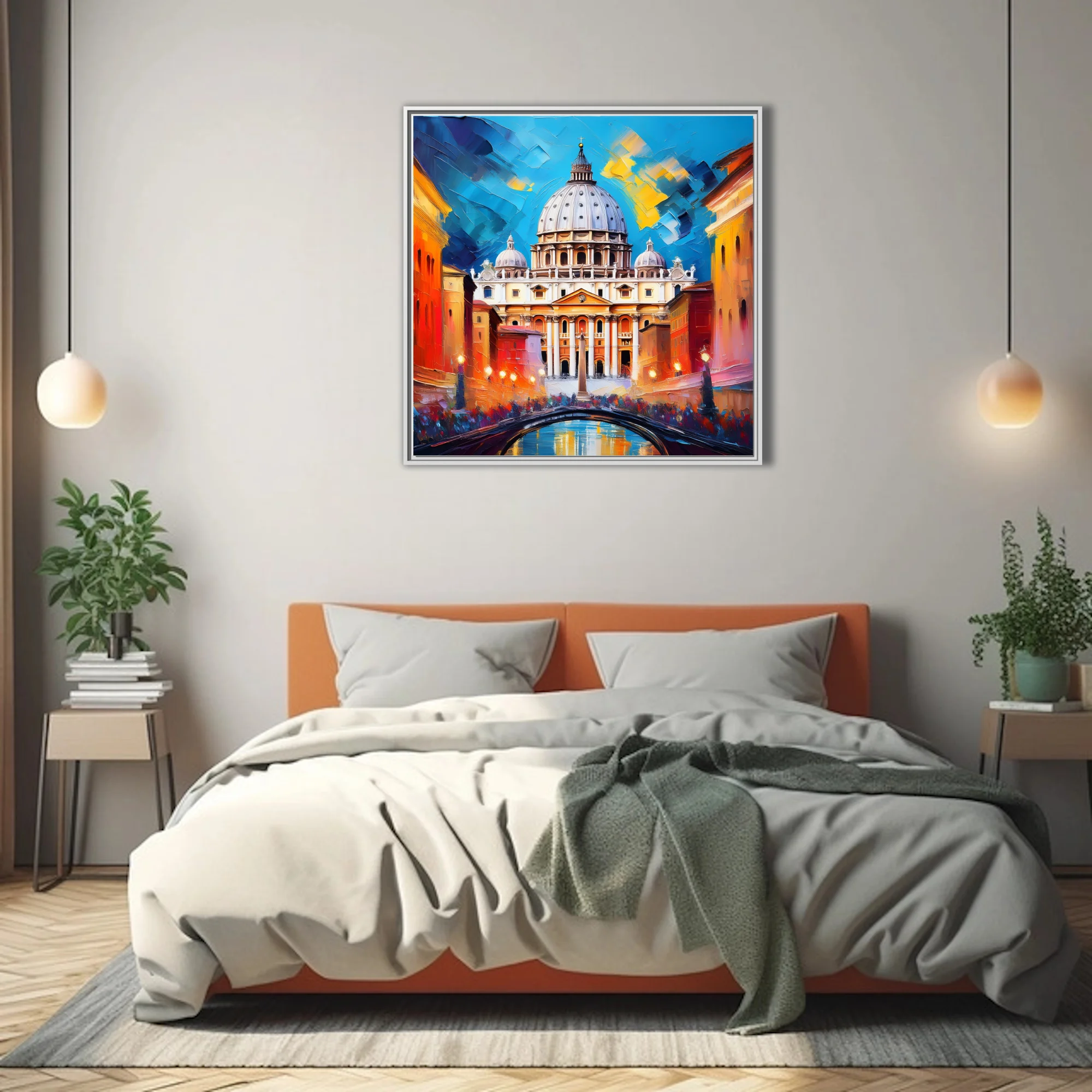 Bold cityscape of Roman basilica dome with cobalt and amber
