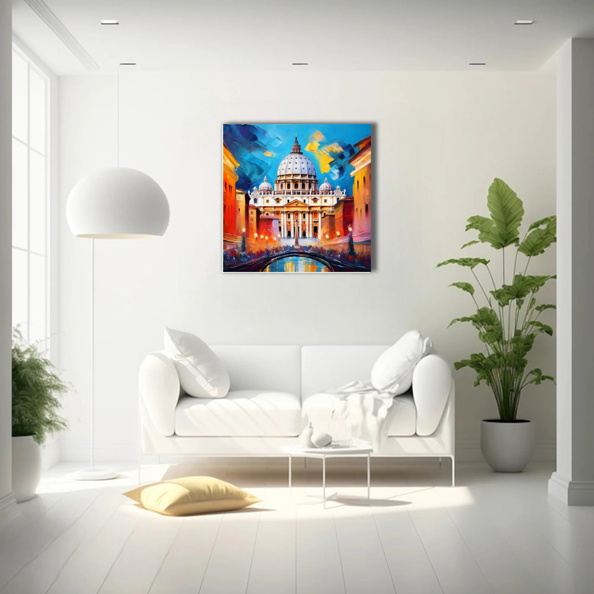 Bold cityscape of Roman basilica dome with cobalt and amber