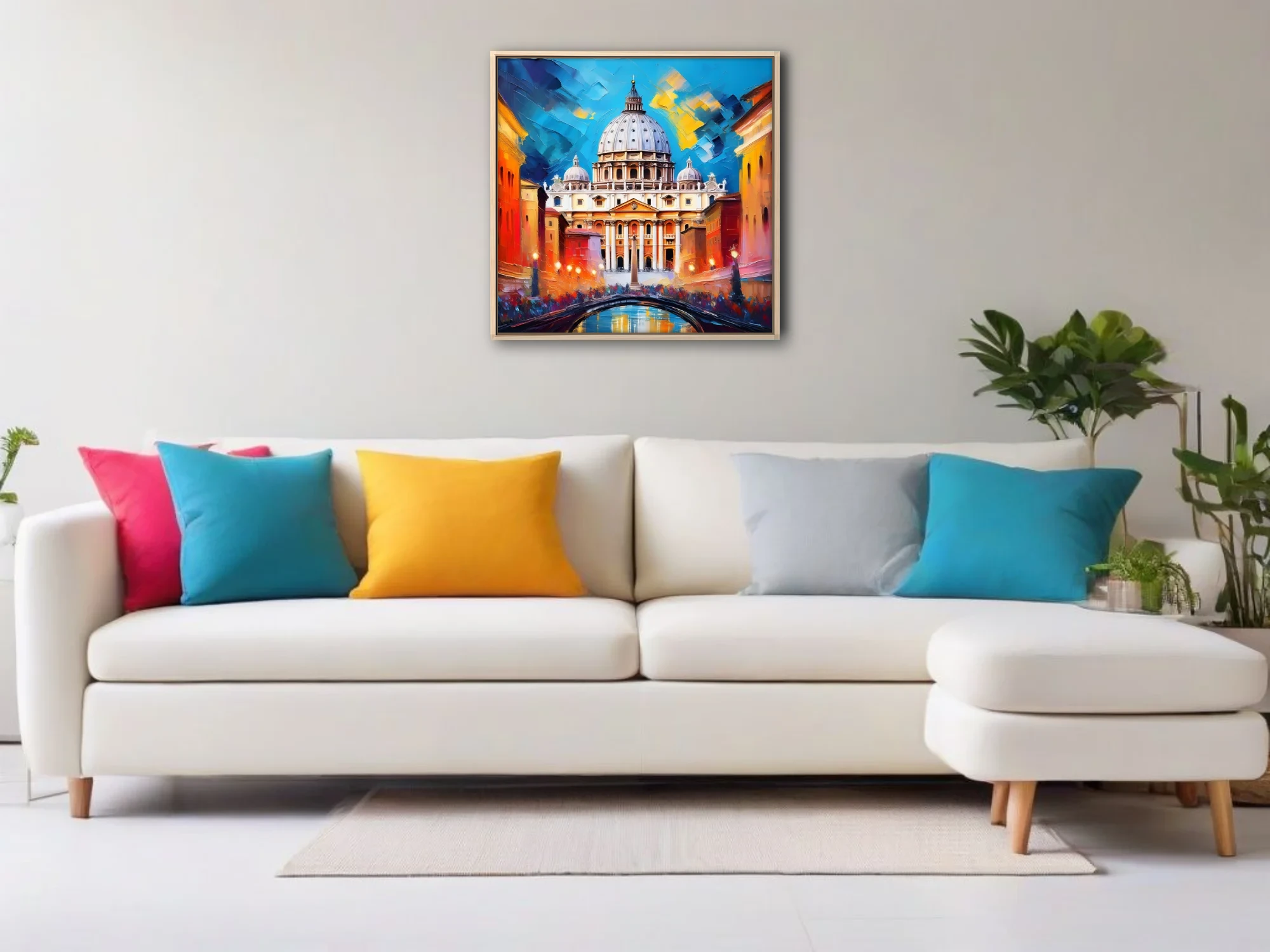 Bold cityscape of Roman basilica dome with cobalt and amber