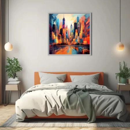 Expressive city skyline in fiery orange and teal, bold strokes, urban sunset wall art