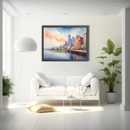 Watercolor-style city skyline at golden hour with riverside reflections and warm coral tones