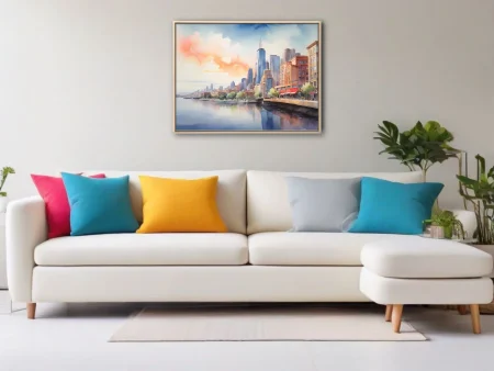 Watercolor-style city skyline at golden hour with riverside reflections and warm coral tones