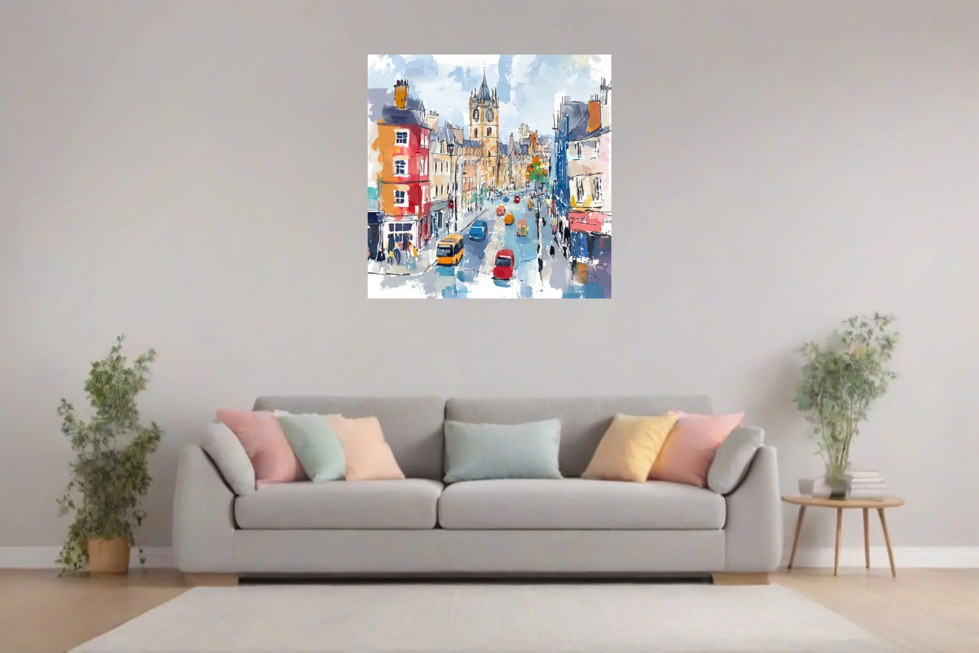 Vibrant European cityscape with clock tower and colorful street traffic in bold mixed-media style