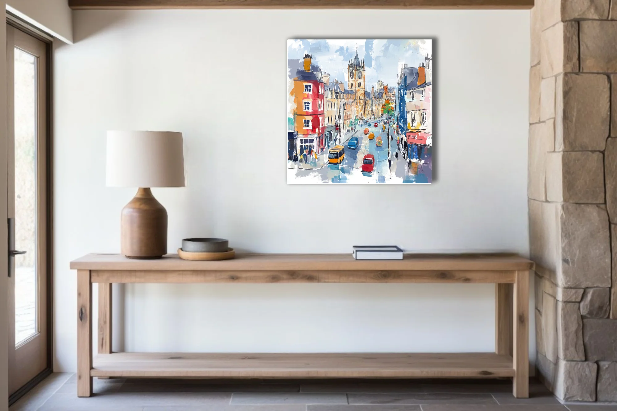 Vibrant European cityscape with clock tower and colorful street traffic in bold mixed-media style