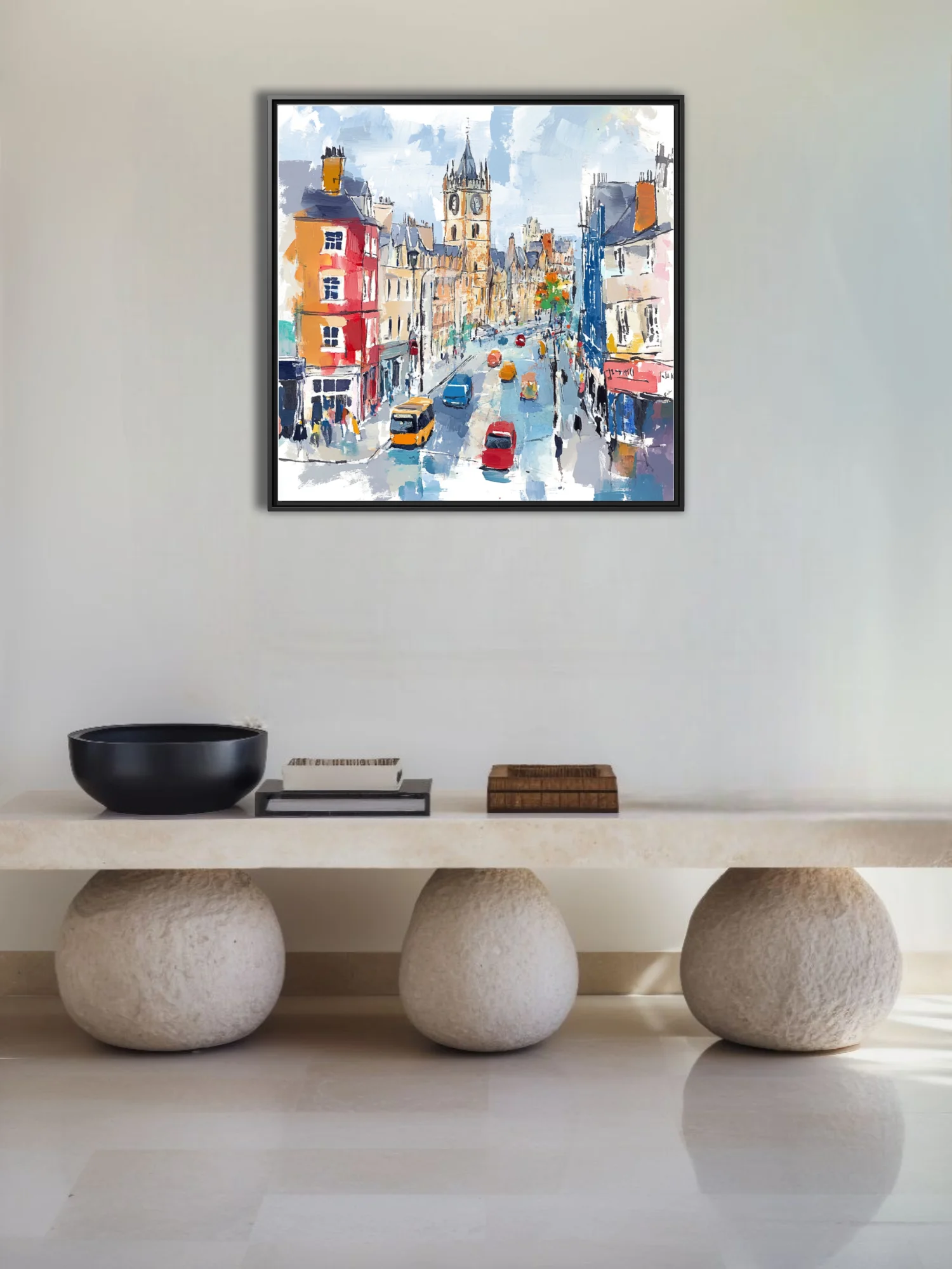 Vibrant European cityscape with clock tower and colorful street traffic in bold mixed-media style
