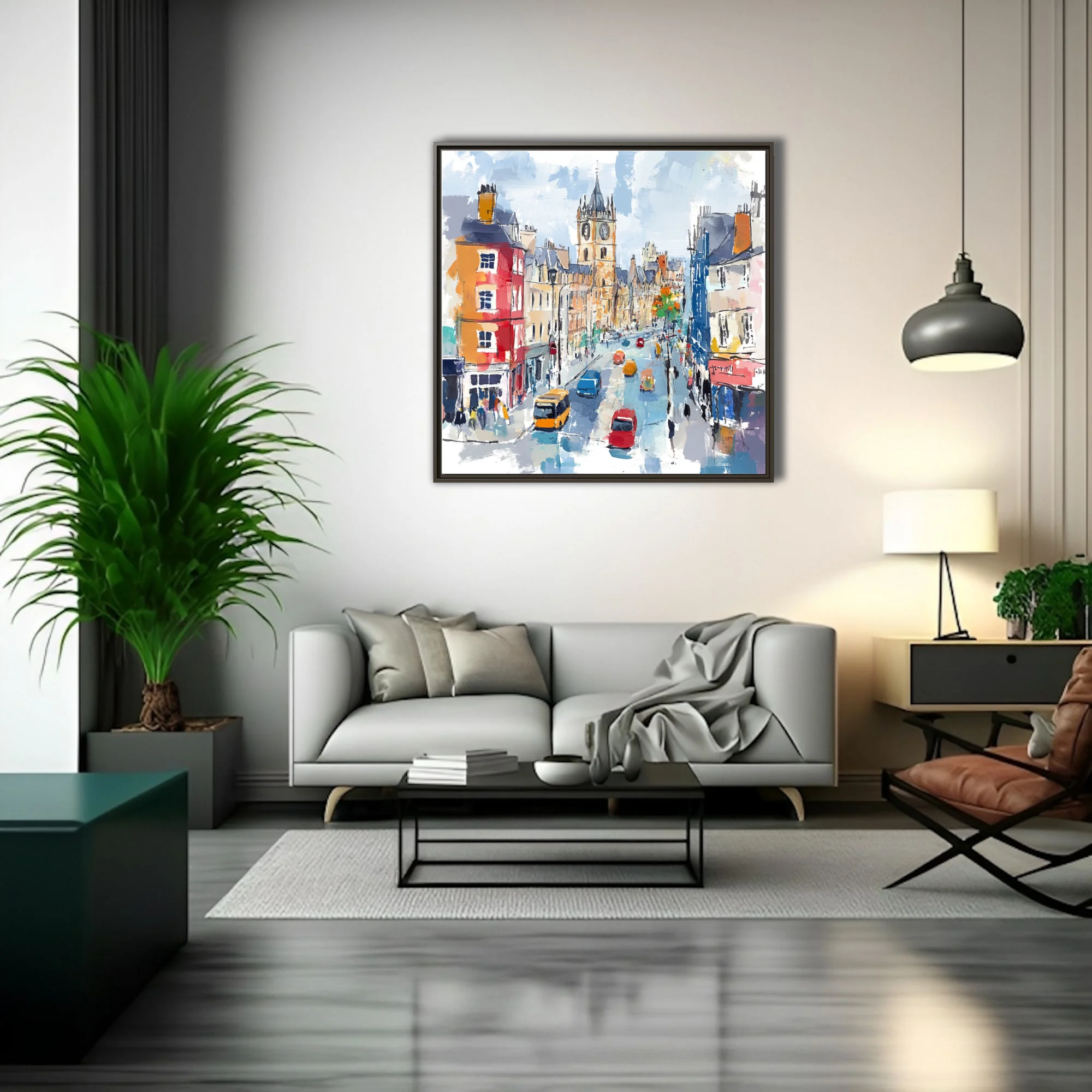 Vibrant European cityscape with clock tower and colorful street traffic in bold mixed-media style