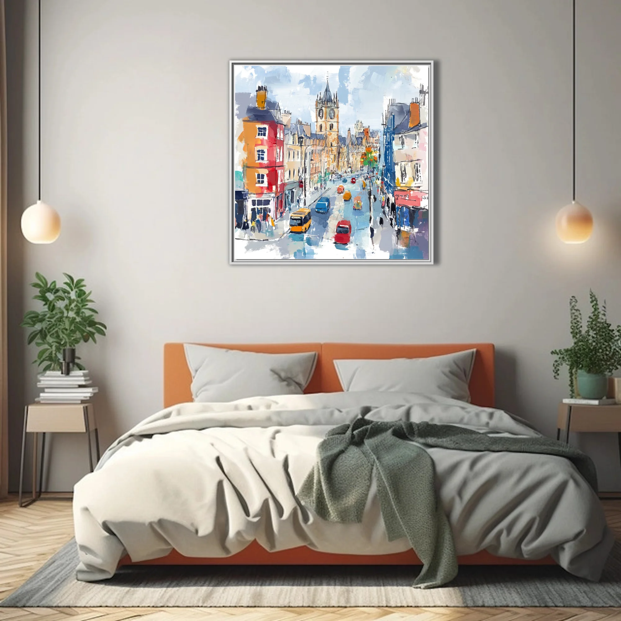 Vibrant European cityscape with clock tower and colorful street traffic in bold mixed-media style
