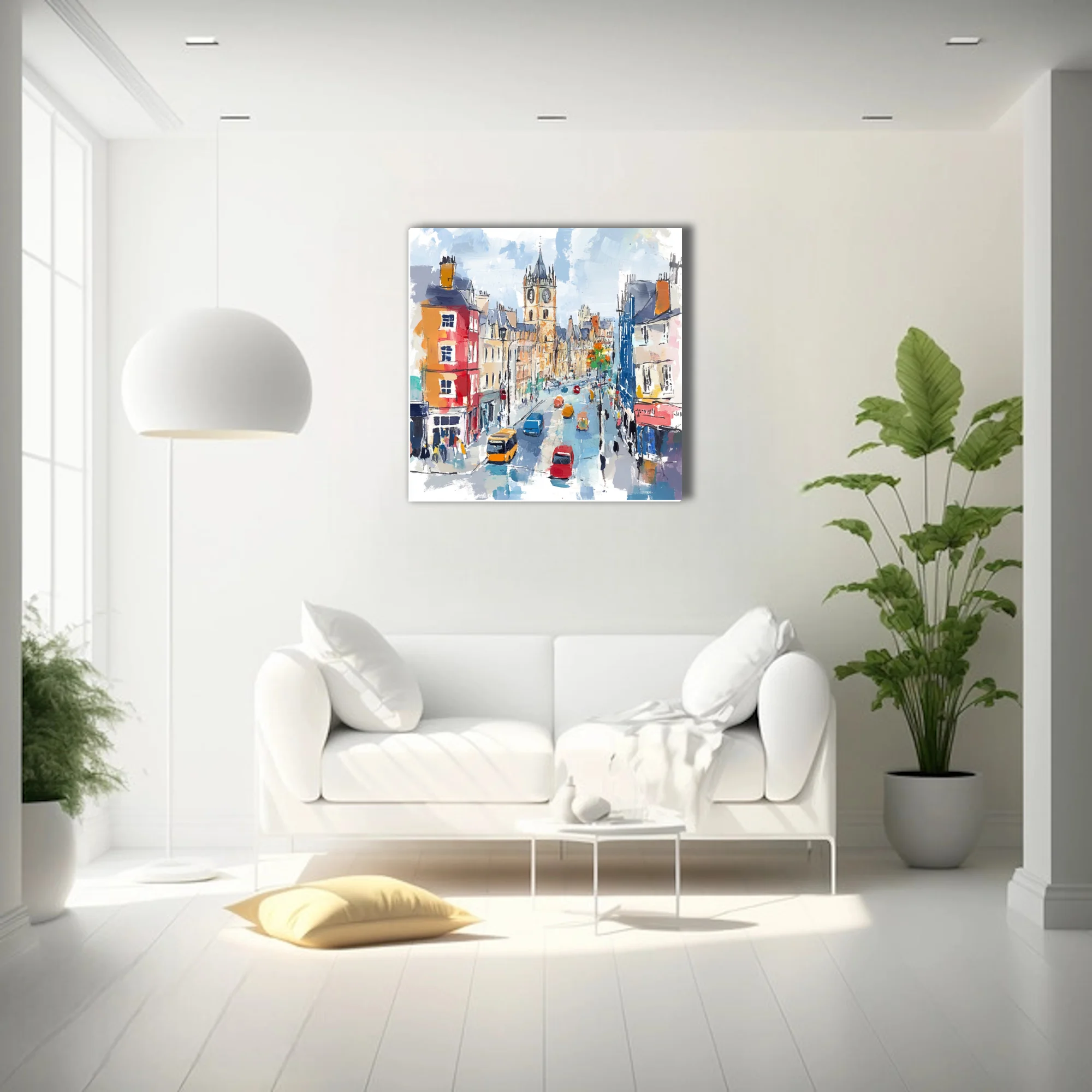 Vibrant European cityscape with clock tower and colorful street traffic in bold mixed-media style
