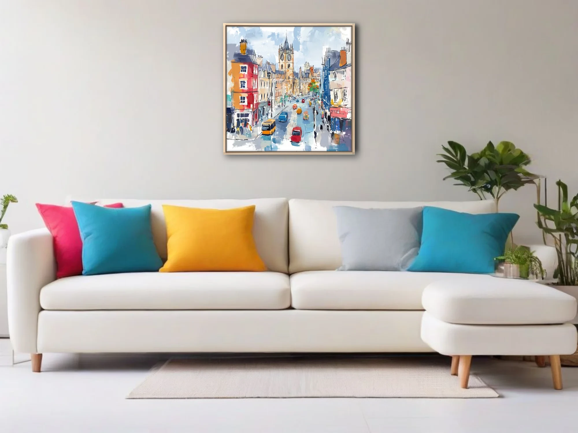Vibrant European cityscape with clock tower and colorful street traffic in bold mixed-media style