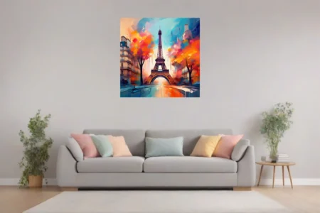 Vibrant painterly Paris Eiffel Tower cityscape in turquoise, orange and crimson with bold strokes