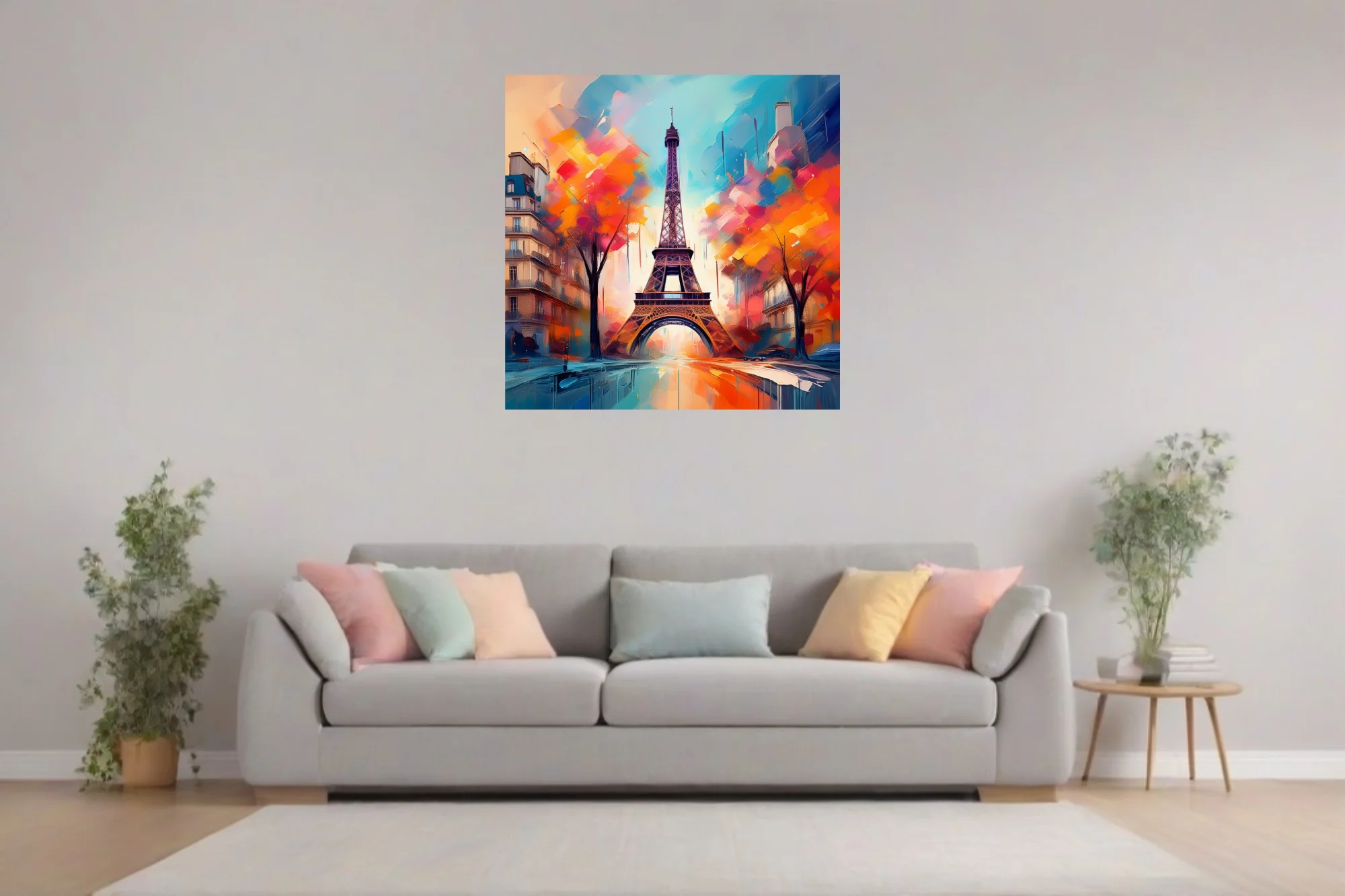 Vibrant painterly Paris Eiffel Tower cityscape in turquoise, orange and crimson with bold strokes