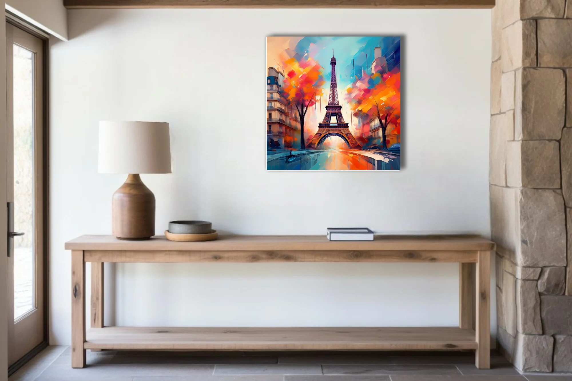 Vibrant painterly Paris Eiffel Tower cityscape in turquoise, orange and crimson with bold strokes