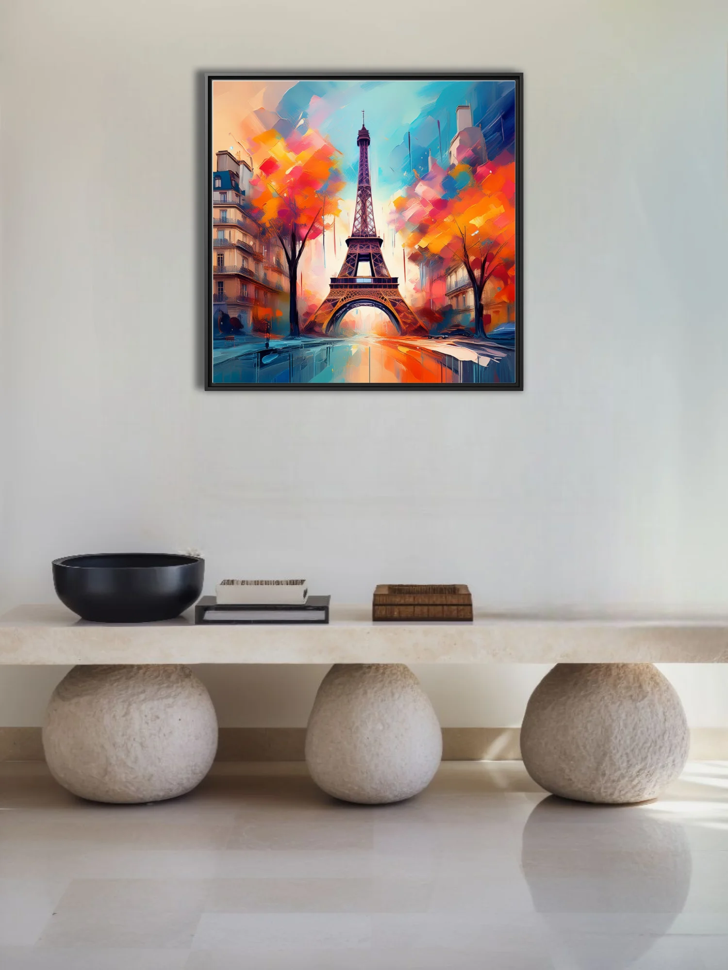 Vibrant painterly Paris Eiffel Tower cityscape in turquoise, orange and crimson with bold strokes