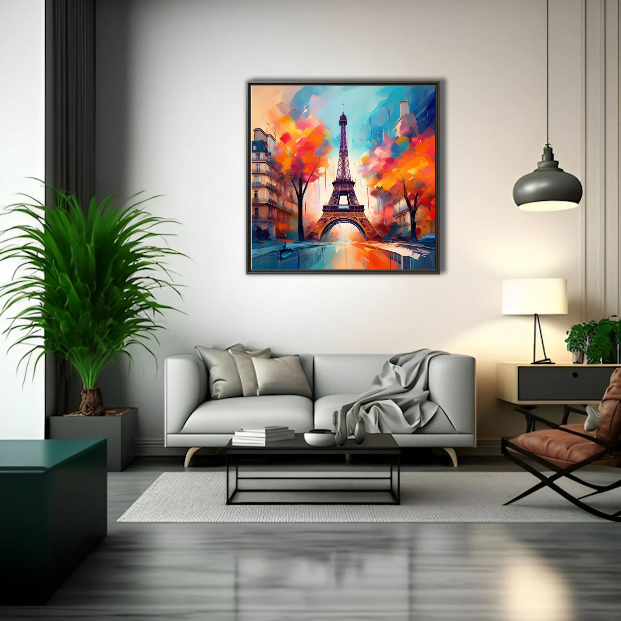 Vibrant painterly Paris Eiffel Tower cityscape in turquoise, orange and crimson with bold strokes