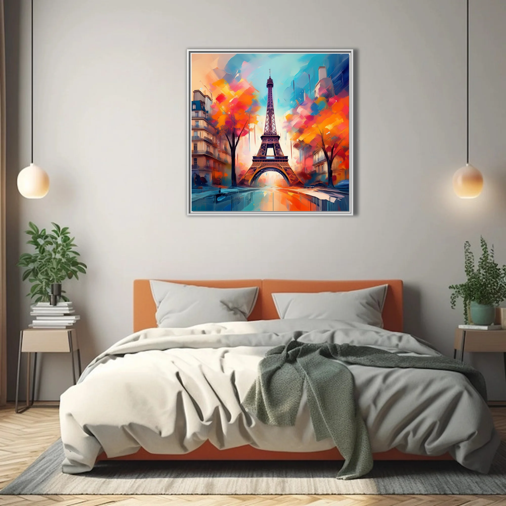 Vibrant painterly Paris Eiffel Tower cityscape in turquoise, orange and crimson with bold strokes