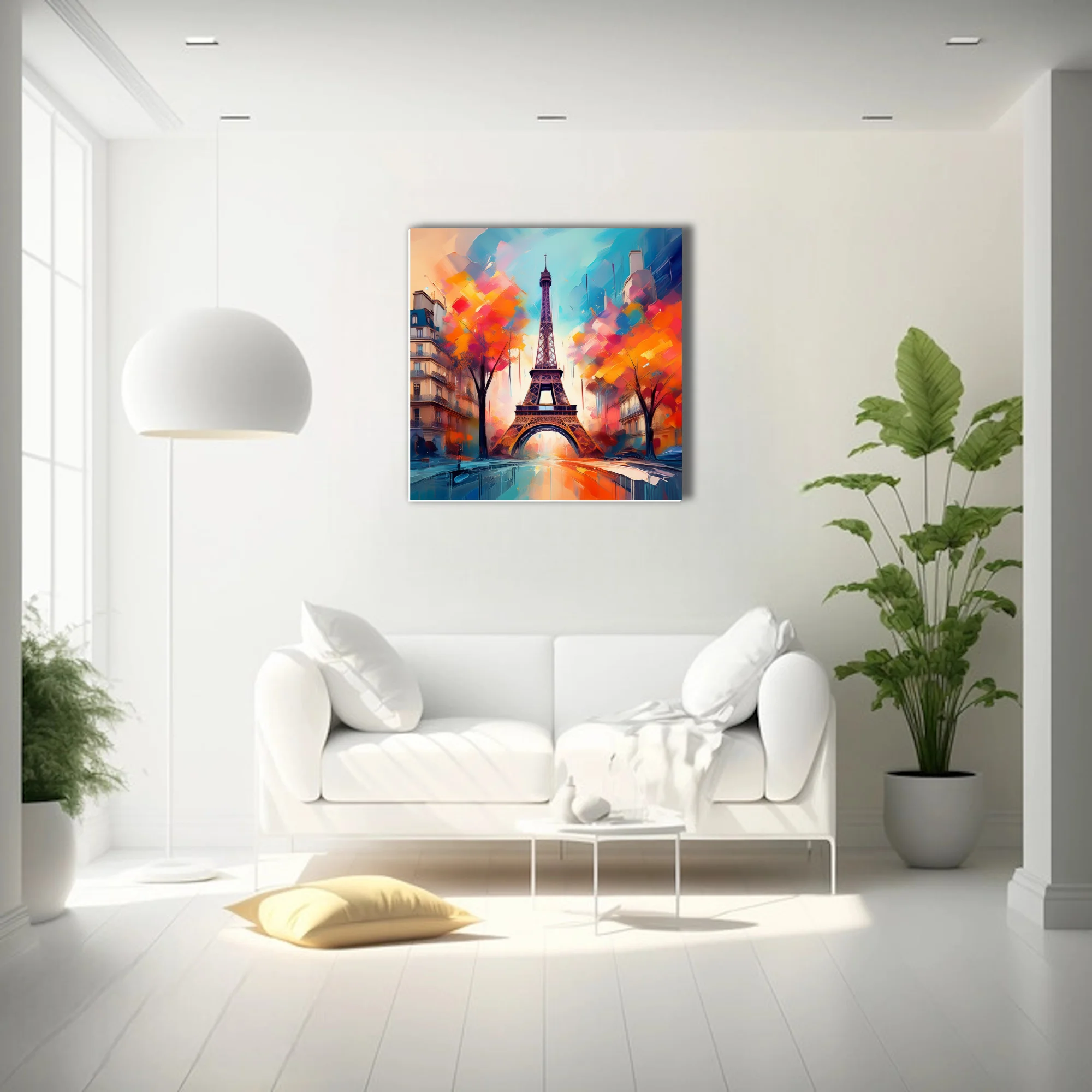 Vibrant painterly Paris Eiffel Tower cityscape in turquoise, orange and crimson with bold strokes