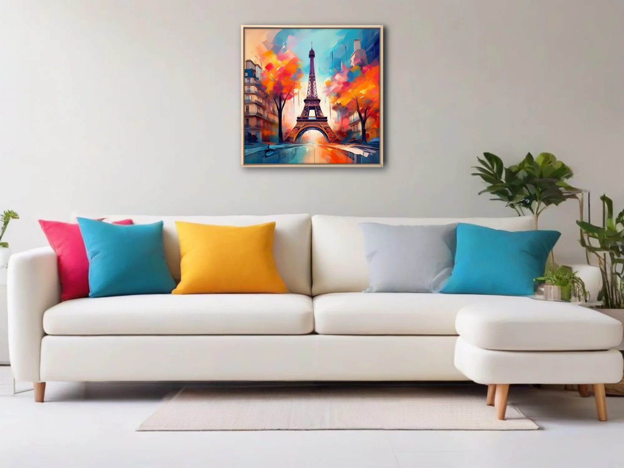 Vibrant painterly Paris Eiffel Tower cityscape in turquoise, orange and crimson with bold strokes
