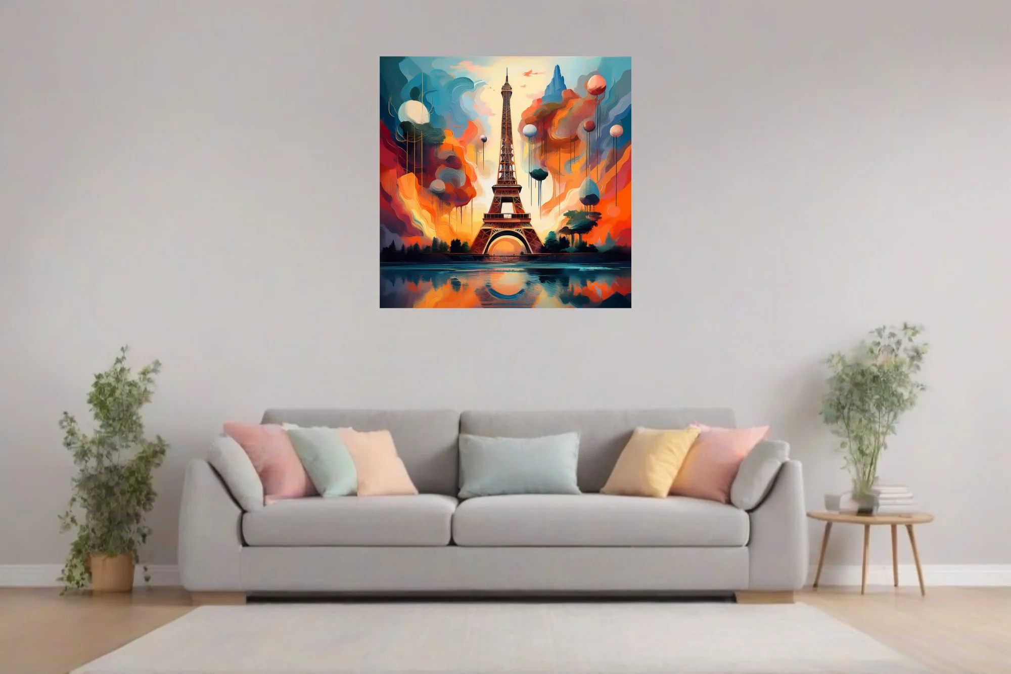Dreamlike Eiffel Tower cityscape in vivid orange and teal with dripping clouds and floating orbs