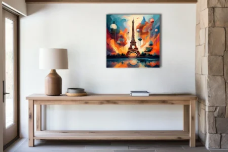 Dreamlike Eiffel Tower cityscape in vivid orange and teal with dripping clouds and floating orbs