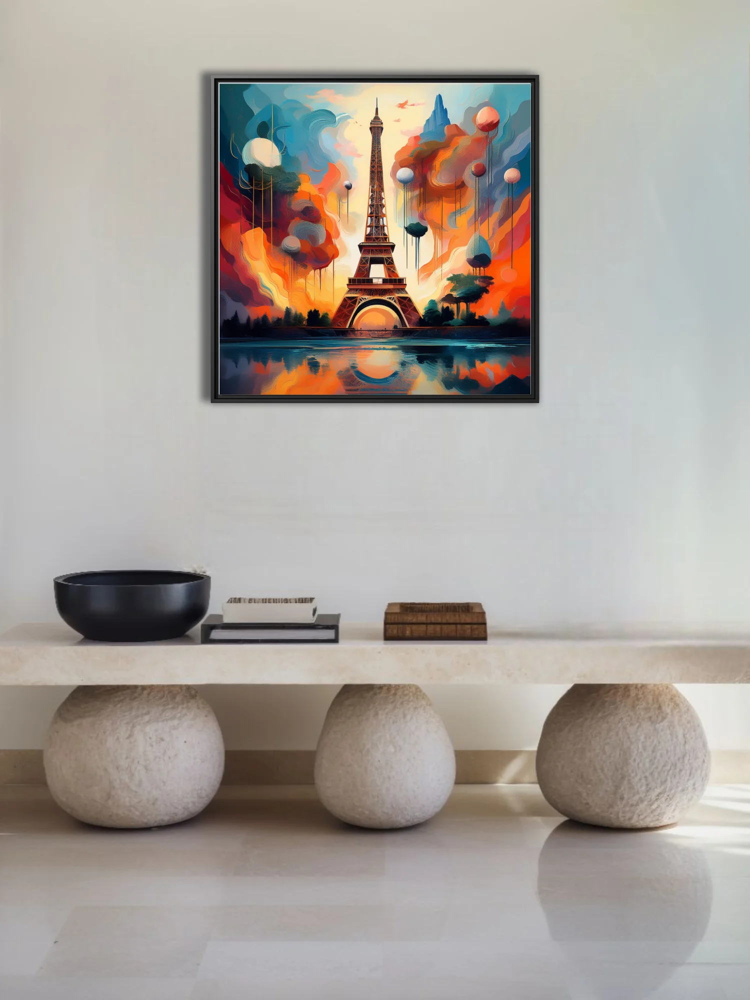 Dreamlike Eiffel Tower cityscape in vivid orange and teal with dripping clouds and floating orbs