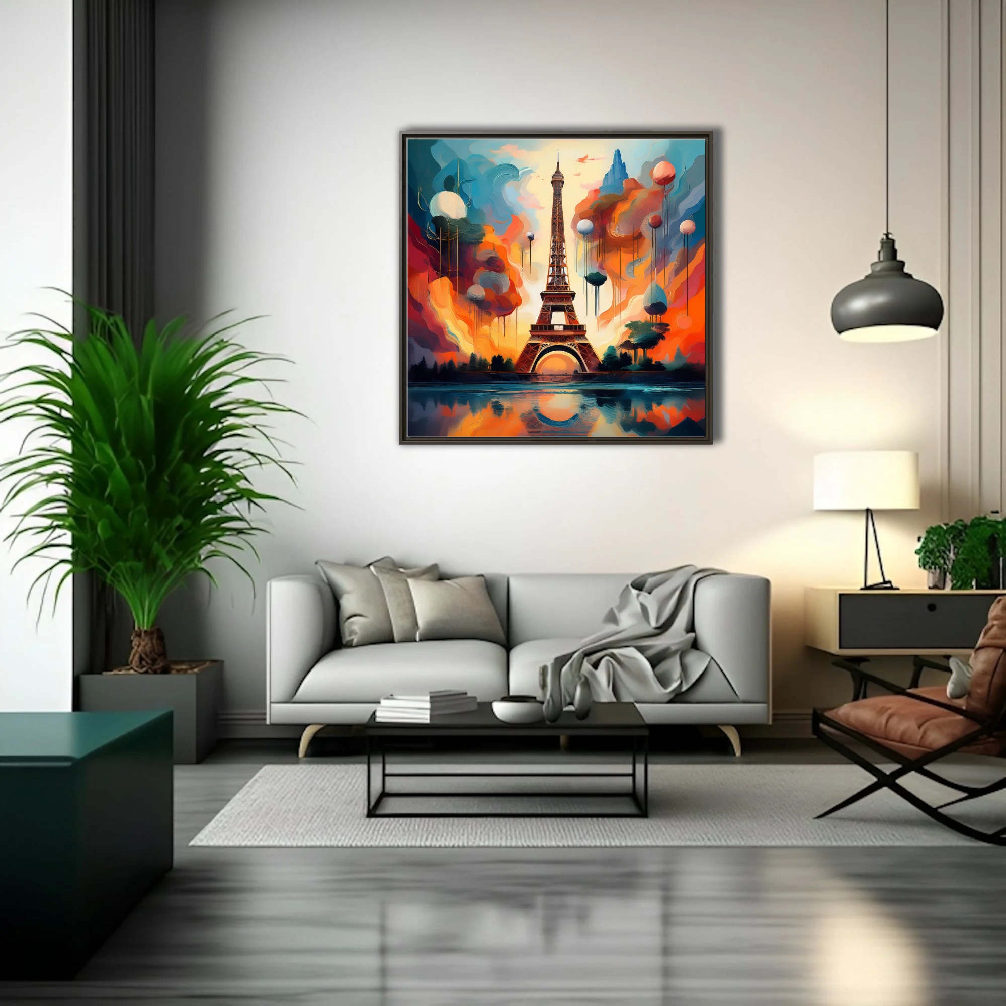 Dreamlike Eiffel Tower cityscape in vivid orange and teal with dripping clouds and floating orbs