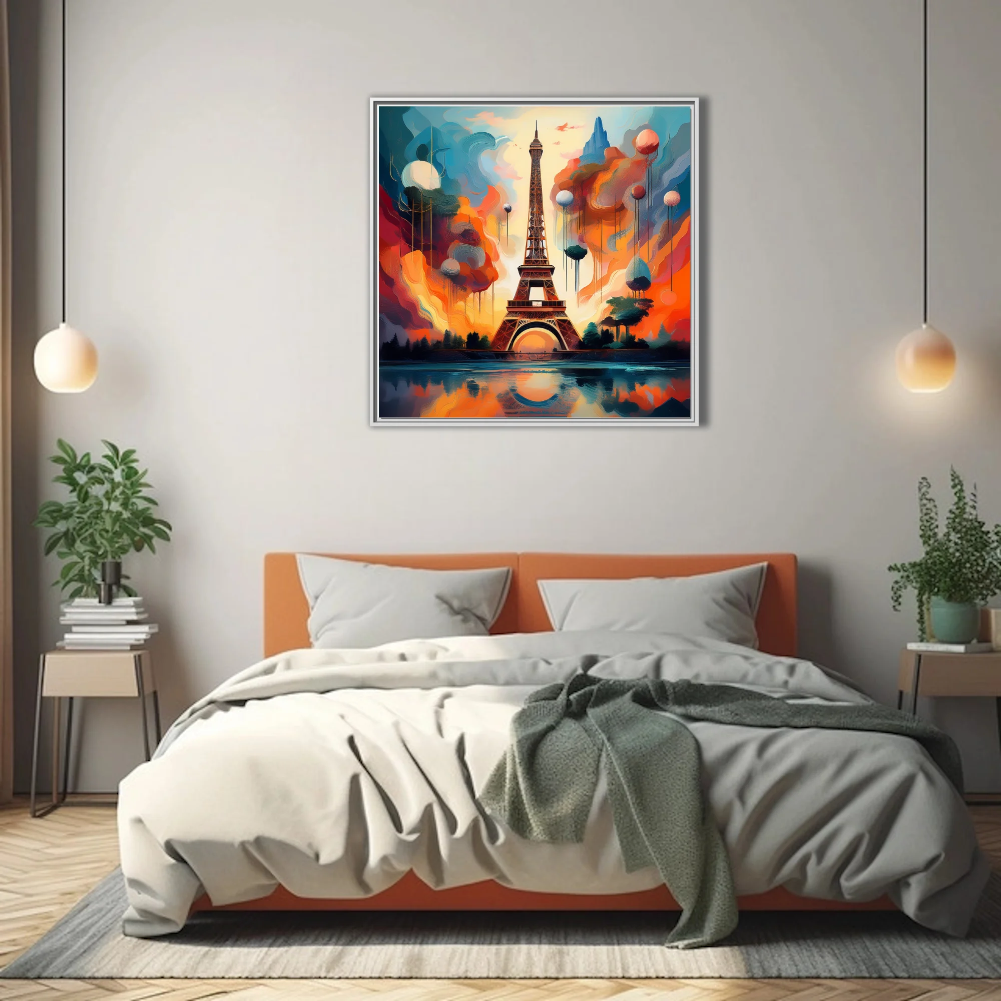 Dreamlike Eiffel Tower cityscape in vivid orange and teal with dripping clouds and floating orbs