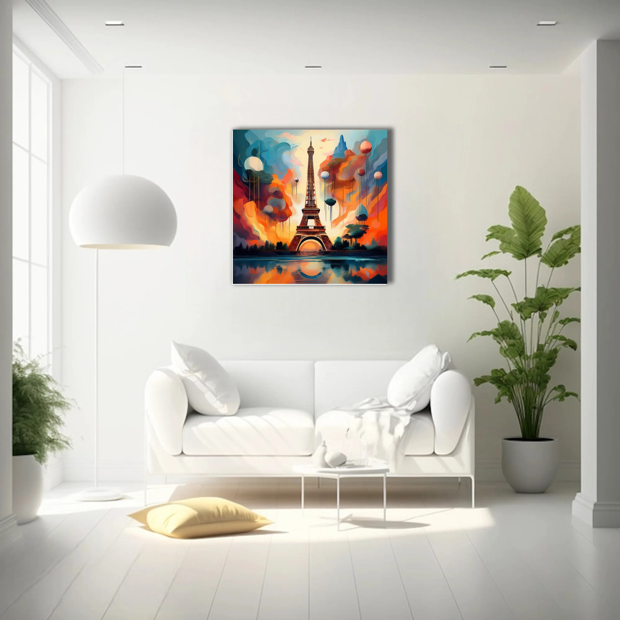 Dreamlike Eiffel Tower cityscape in vivid orange and teal with dripping clouds and floating orbs
