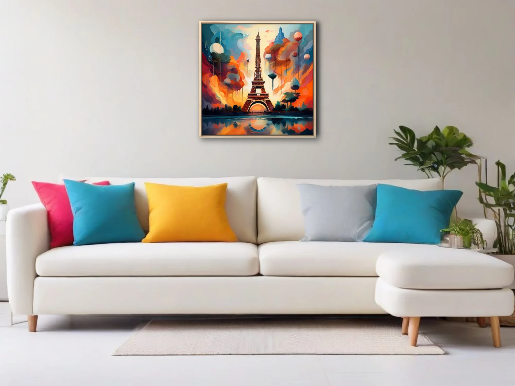 Dreamlike Eiffel Tower cityscape in vivid orange and teal with dripping clouds and floating orbs