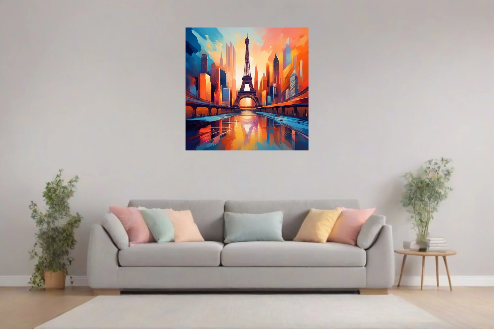 Vibrant painterly Paris cityscape with Eiffel Tower at sunset in bold orange and blue tones
