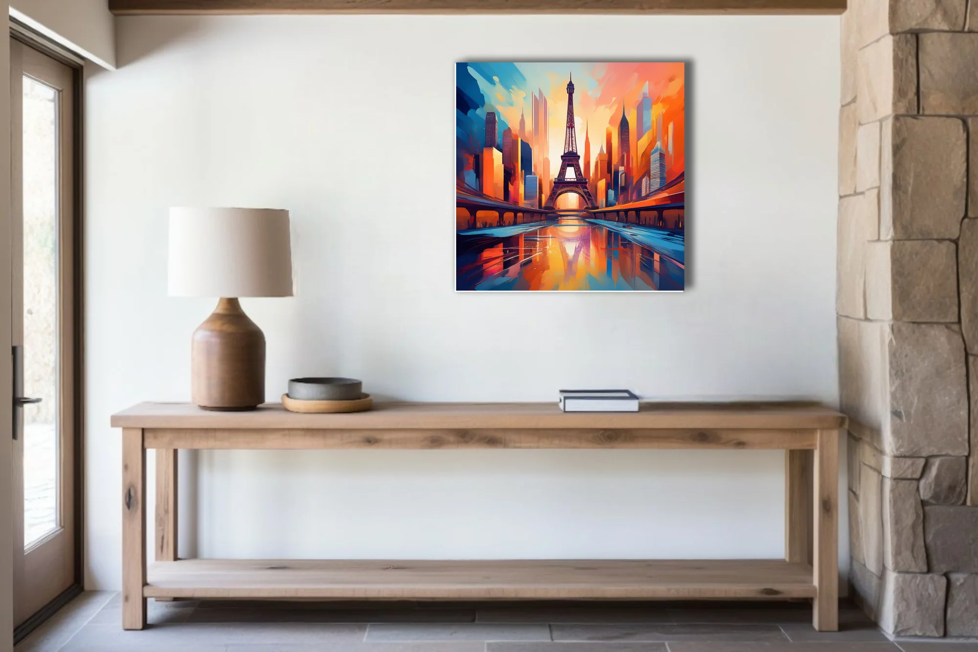 Vibrant painterly Paris cityscape with Eiffel Tower at sunset in bold orange and blue tones