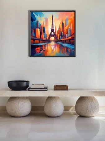 Vibrant painterly Paris cityscape with Eiffel Tower at sunset in bold orange and blue tones