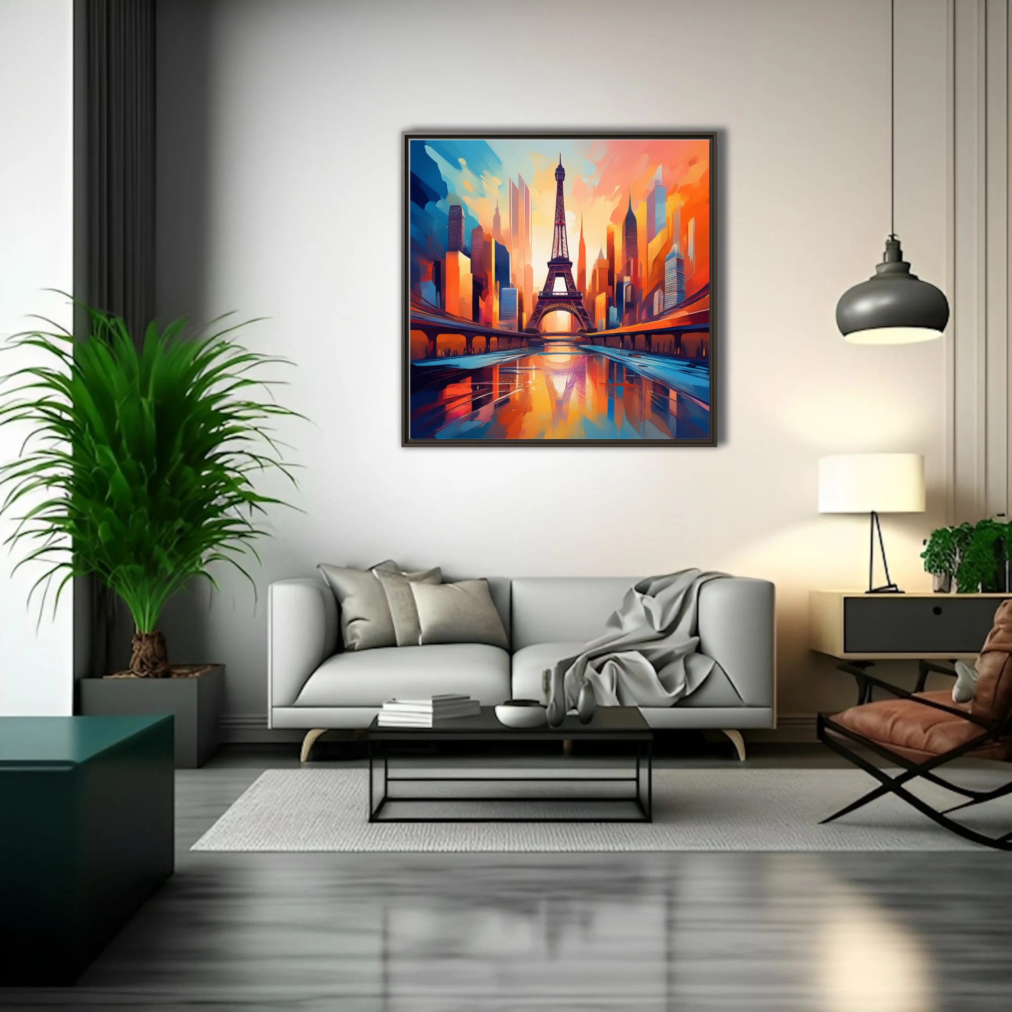 Vibrant painterly Paris cityscape with Eiffel Tower at sunset in bold orange and blue tones