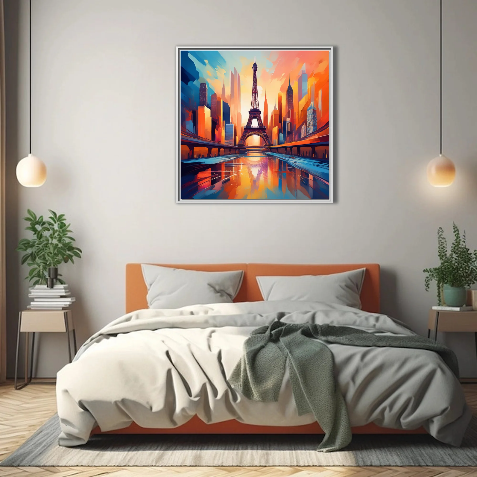 Vibrant painterly Paris cityscape with Eiffel Tower at sunset in bold orange and blue tones