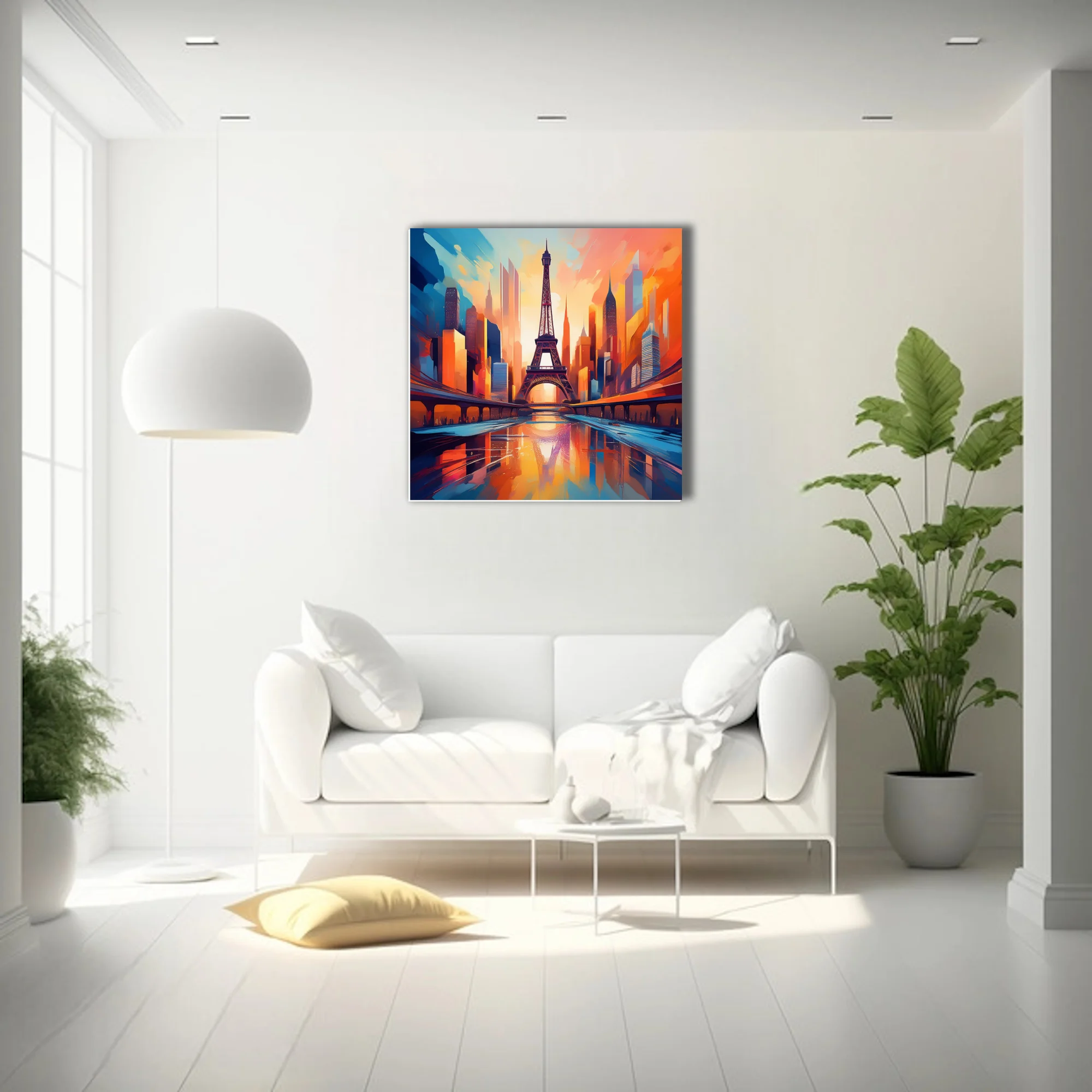 Vibrant painterly Paris cityscape with Eiffel Tower at sunset in bold orange and blue tones