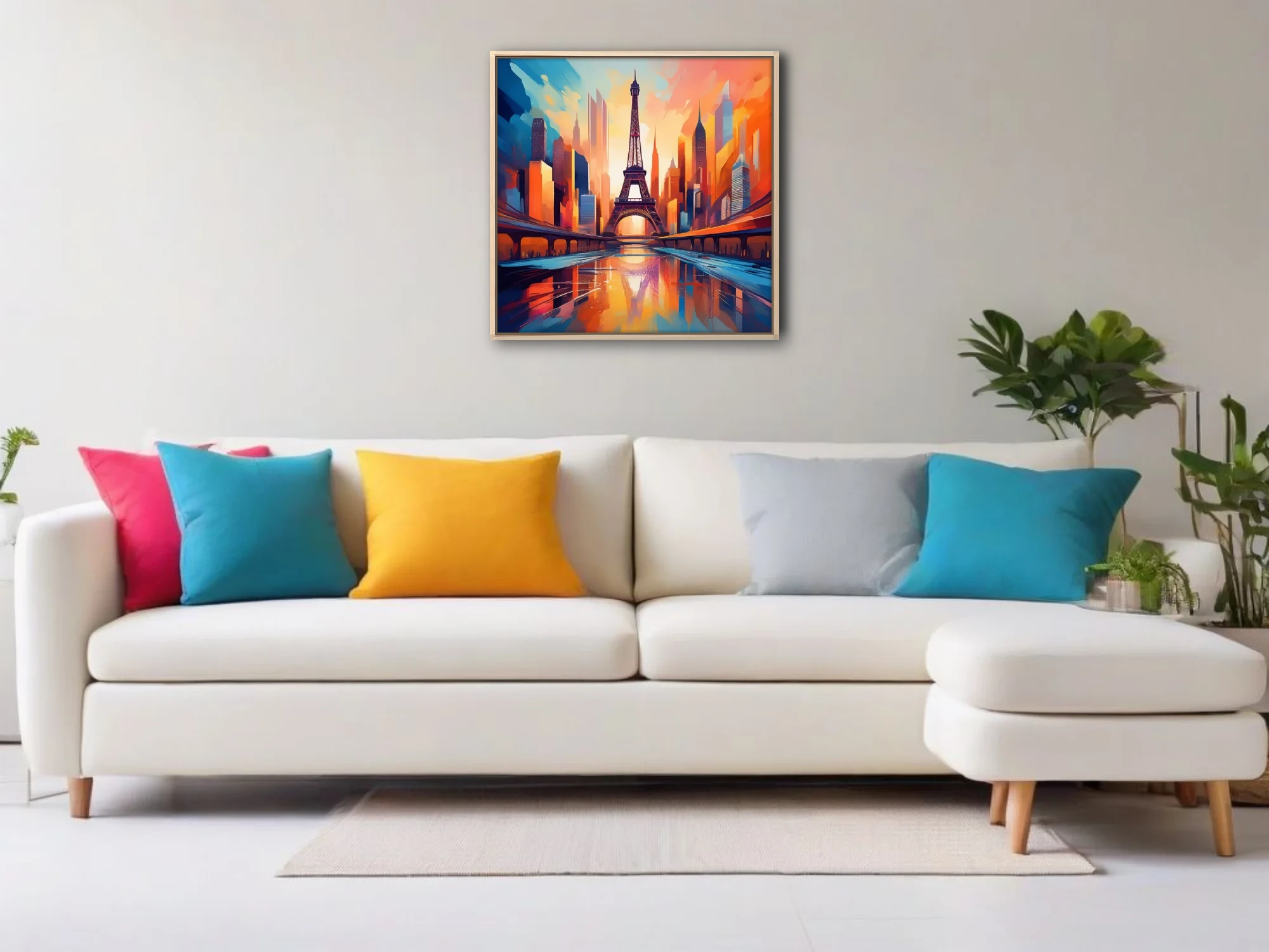 Vibrant painterly Paris cityscape with Eiffel Tower at sunset in bold orange and blue tones