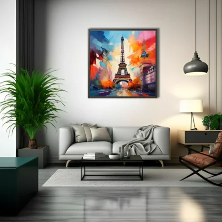 Expressive Paris cityscape with iron tower in vivid crimson, cobalt, and marigold strokes