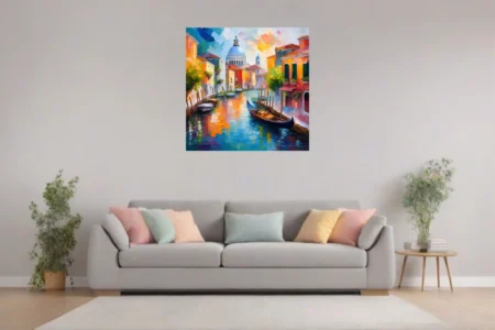 Venice canal cityscape with gondola, domed basilica, and vivid sunset reflections
