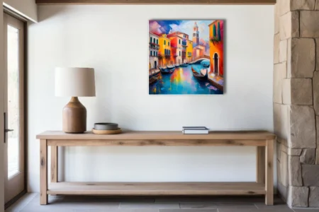 Vibrant Venice canal with gondolas, bridge, bell tower, and colorful facades