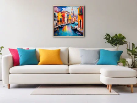 Vibrant Venice canal with gondolas, bridge, bell tower, and colorful facades