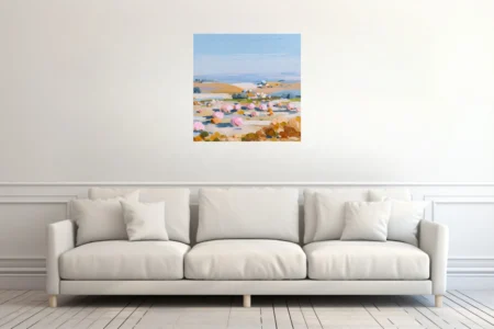 Soft painterly coastal meadow landscape with pink blossoms, ochre fields, and soft blue sky