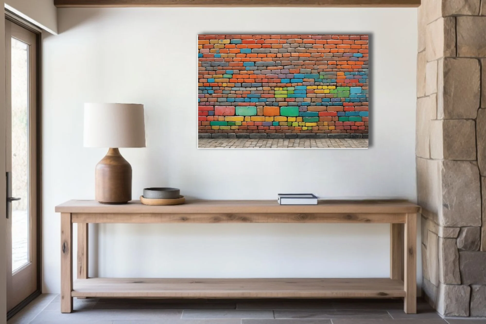 Colorful brick wall abstract, vivid multicolor geometric pattern