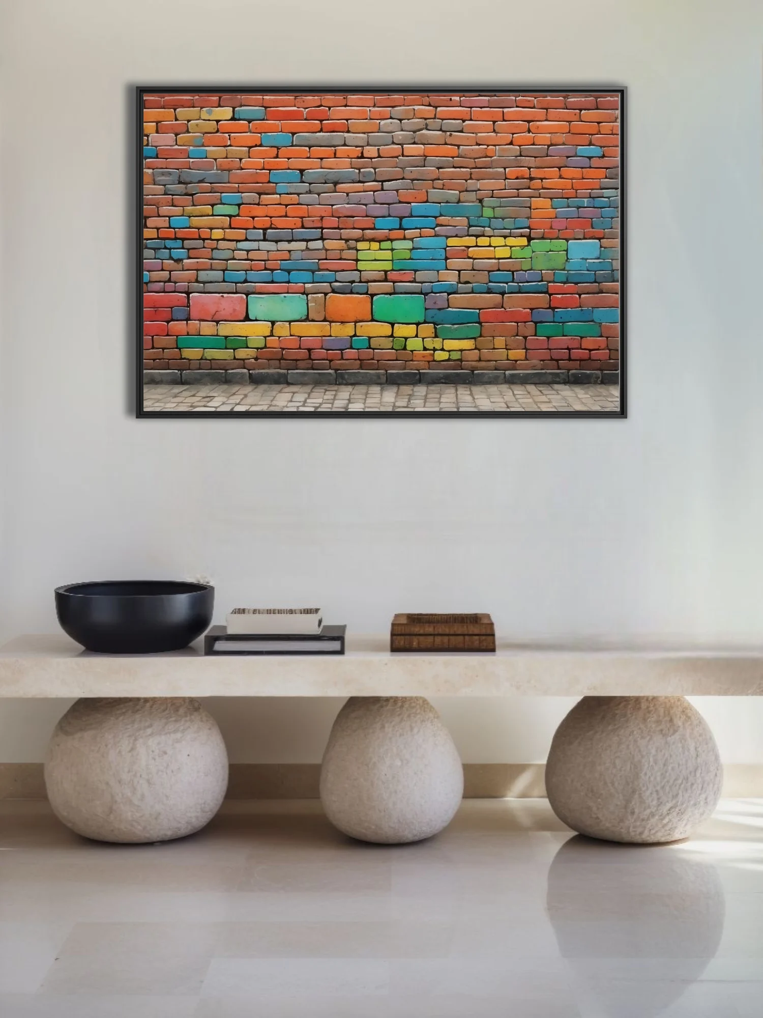 Colorful brick wall abstract, vivid multicolor geometric pattern