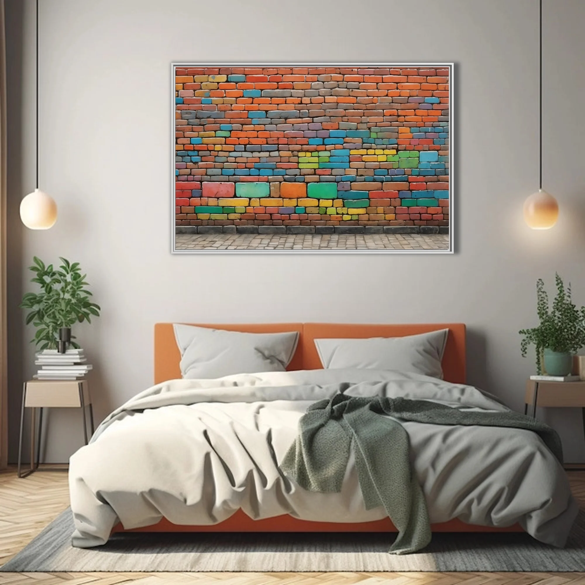 Colorful brick wall abstract, vivid multicolor geometric pattern