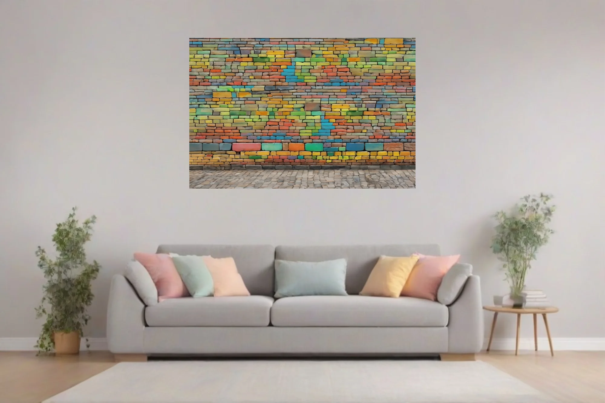 Colorful brick wall art — rainbow-painted bricks, vibrant street art style