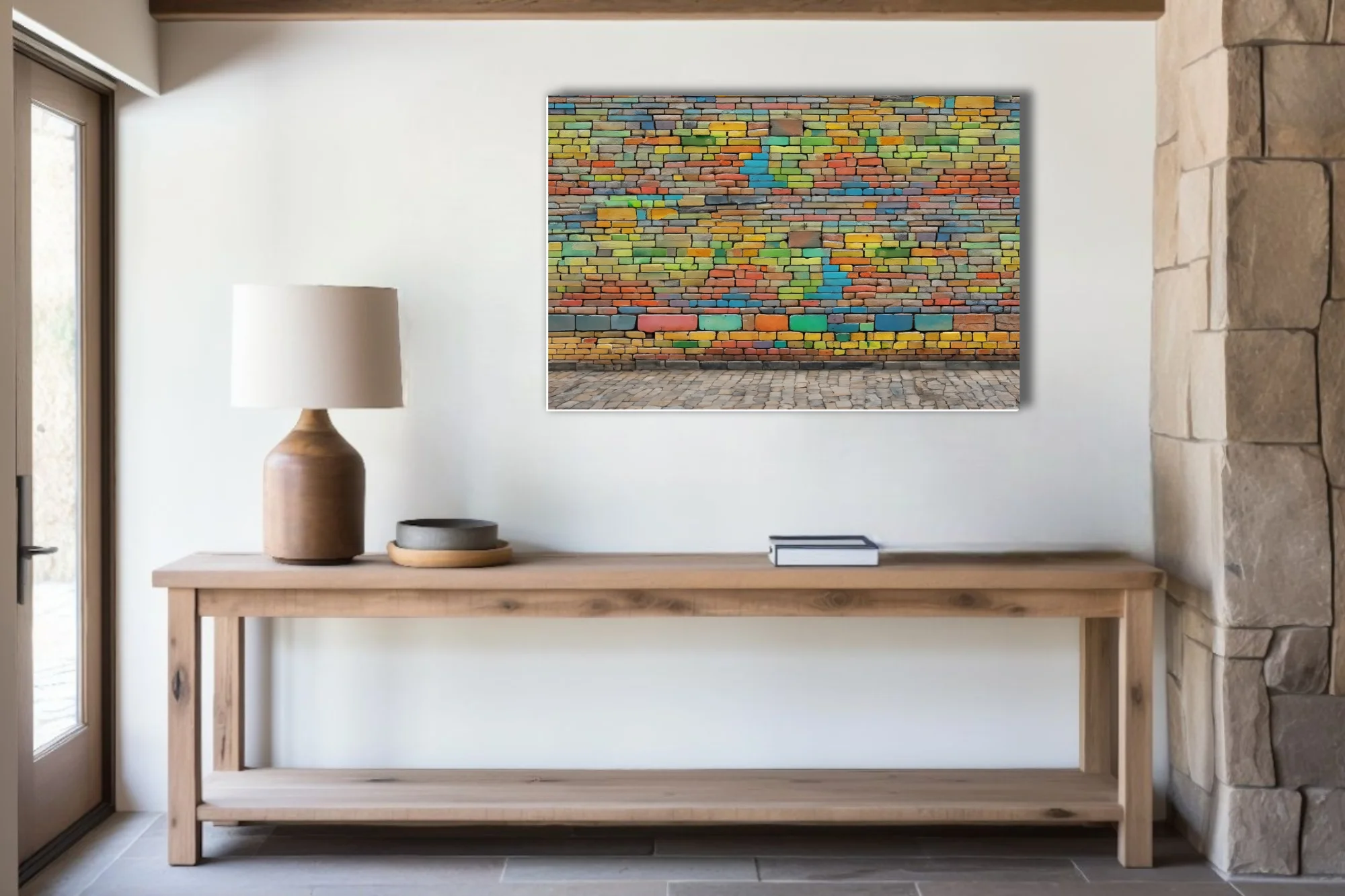 Colorful brick wall art — rainbow-painted bricks, vibrant street art style
