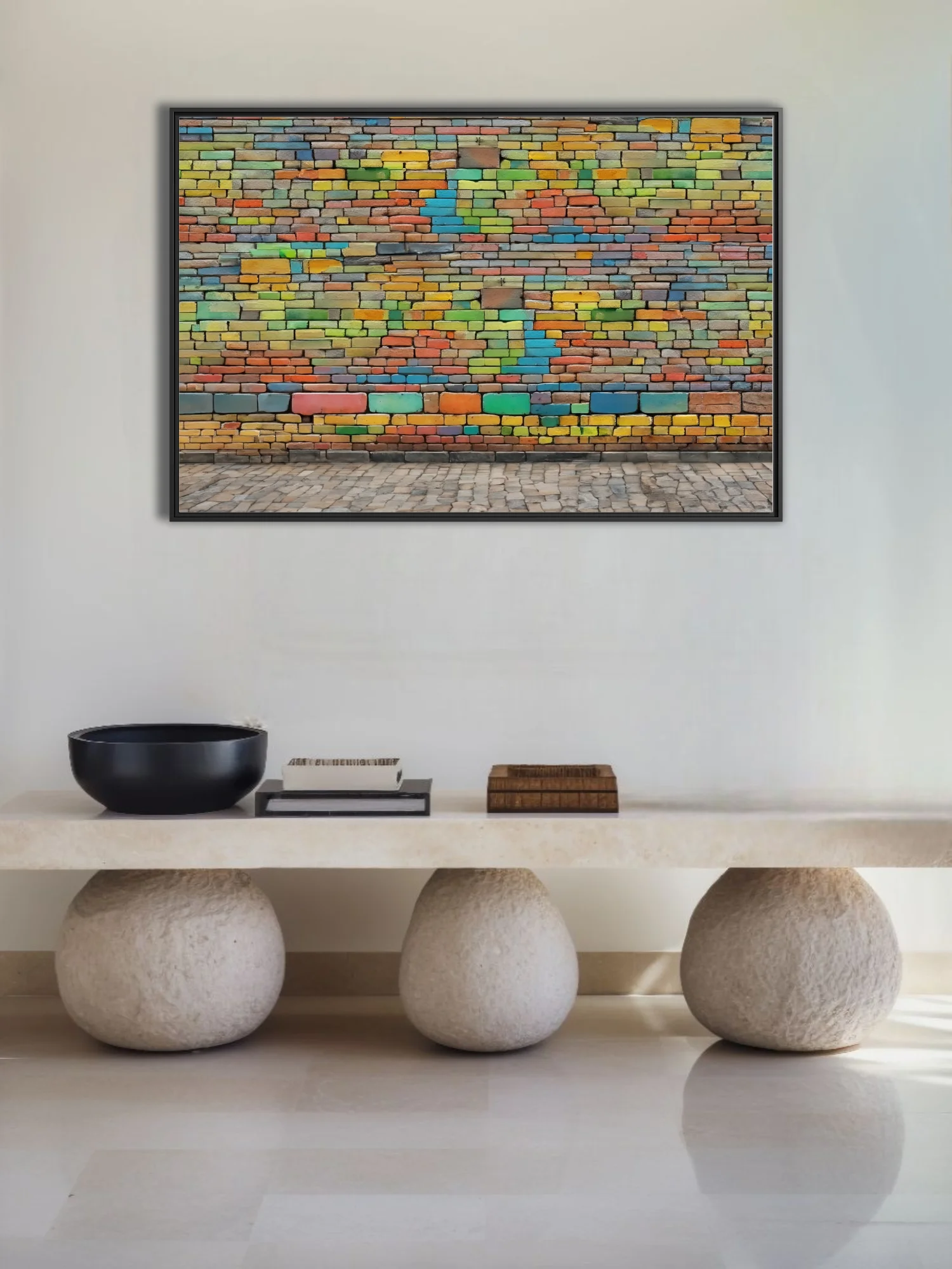 Colorful brick wall art — rainbow-painted bricks, vibrant street art style